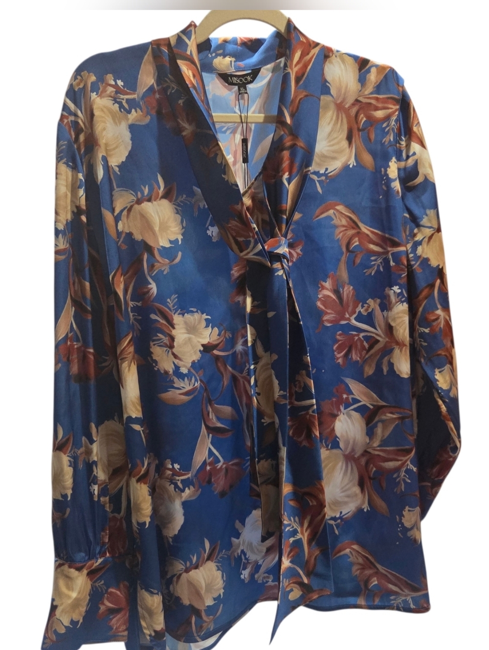 Misook Royal Blue Floral Crepe De Chine Tie-Front Blouse Size XL